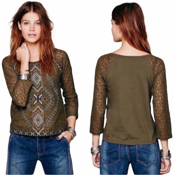 Free People Tops - Free People Green Aztec Lace Blouse Size Small